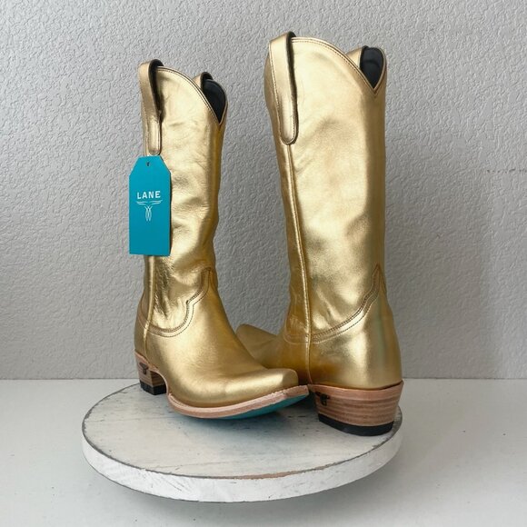 Lane EMMA JANE Womens Cowboy Boots 7.5 Gold Western Cowgirl Mid Calf Tall Boot - Picture 1 of 13